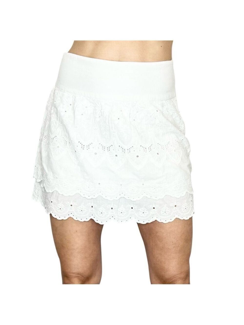 MIXXO Korea boho cottagecore 100% cotton white eyelet lace layered mini skirt 28